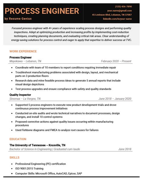 Manufacturing Process Engineer Resume Samples